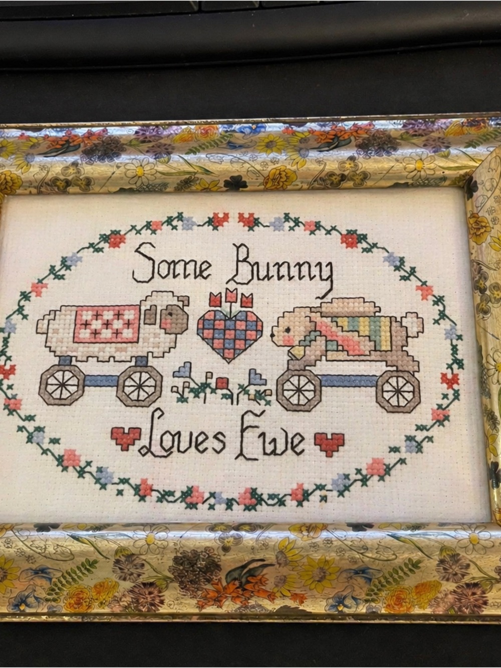 Vintage Framed Cross Stitch Wall Art – “Some Bunny Loves You”